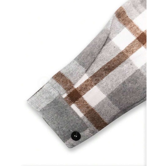 Plaid Oversized Shacket (Shirt / Jacket) White Grey Brown Long Sleeve & Pockets - Picture 5 of 6